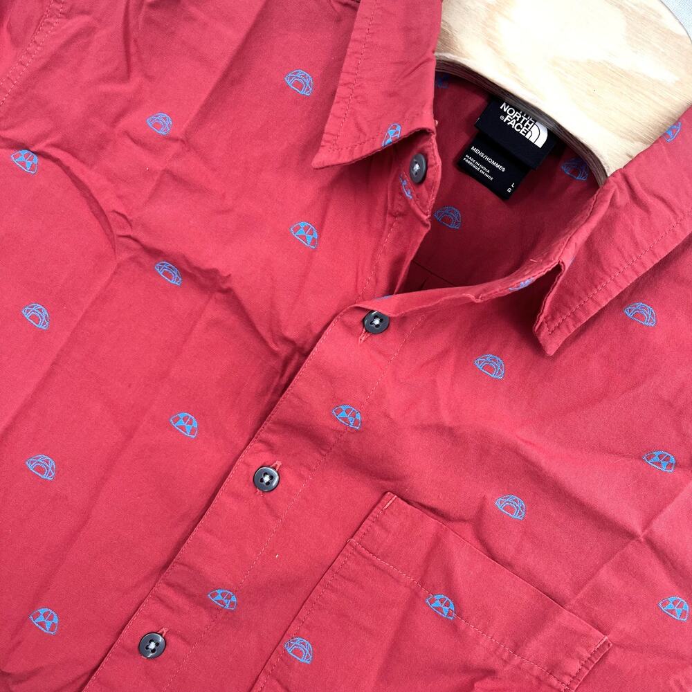 The North Face Button Up Shirt Large Red Blue All Over Camping Tent Graphic